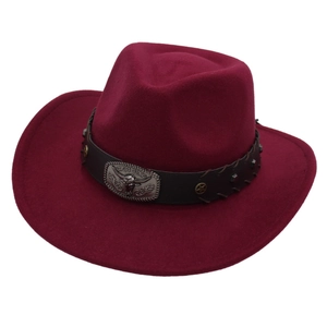Classic wine red Western cowboy hat with bull head metal buckle and star rivets decoration