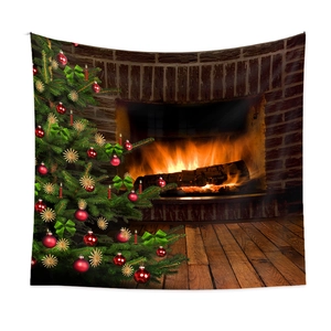 Detailed Christmas wall tapestry featuring a festive fireplace and decorated Xmas tree