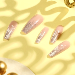 Long coffin Christmas press-on nails with pink base, silver glitter, and white snowflakes