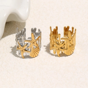 Bague ouverte en acier inoxydable doré et argenté avec étoile de mer et coquille