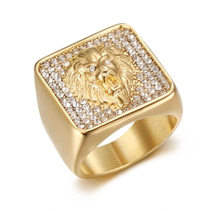 Men's gold plated titanium steel lion head ring with sparkling rhinestone pavé on top