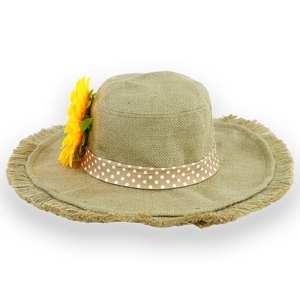 Linen sun hat with sunflower and fringed brim for summer beach vacation protection