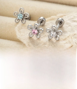 Detailed view of daisy titanium steel screw back earrings with colorful zircon stones