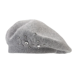 Béret gris élégant pour femme en poils de lapin avec broderie fleurie et strass style français
