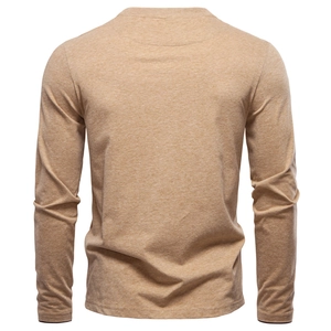 Back view of khaki men's long sleeve T-shirt with premium cotton knit texture detail