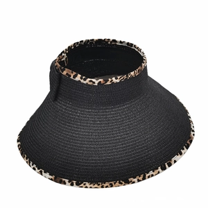 Detailed close-up of woven straw texture and leopard print fabric edging on the visor