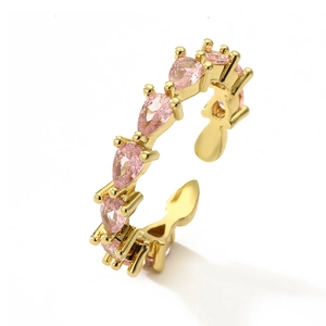 Elegant gold plated open ring with pear-cut pink zircons for women in a minimalist style