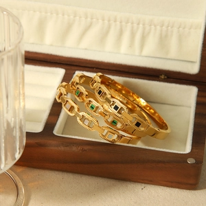 Three-piece gold-plated stainless steel hollow chain bracelets with square gemstones