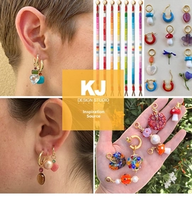 Detailed view of colorful geometric crystal gold-plated hoop earrings and beaded jewelry