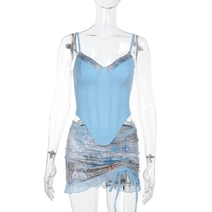 Sky blue lace corset top and blue floral ruched bodycon skirt two-piece summer set