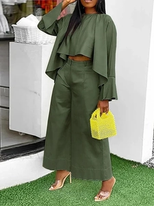 Women Round Neck Long Flare Sleeve Top And High Waist Wide Leg Pants Cotton Polyester Blend Solid Color Elegant