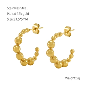 Macro detail of 18k gold plated stainless steel C-shaped beaded earrings with dimensions