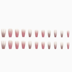 24pcs pink and white gradient coffin press-on nails with glitter finish on white background