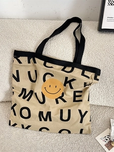 Canvas Tote Bag Smiley Face Yellow Letter Print Large Capacity Shopping Shoulder Handbag Street Style For Women