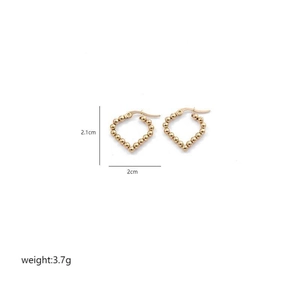 Detailed view of gold V-shaped beaded hoop earrings with size 2.1cm by 2.0cm and 3.7g weight