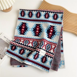 Close-up of HILLPLAN thick knitted scarf with colorful geometric jacquard patterns