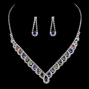 Sparkling rhinestone necklace and earrings bridal jewelry set with colorful gemstones