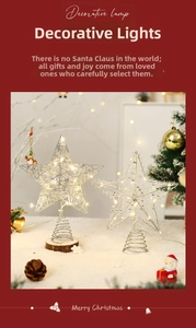 Macro shot of warm LED lighted hollow golden star tree topper with glitter iron wire spiral base