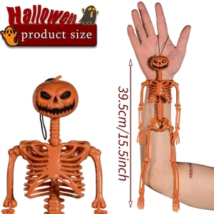 Halloween pumpkin head skeleton hanging decoration, 39.5cm poseable lifelike plastic frame