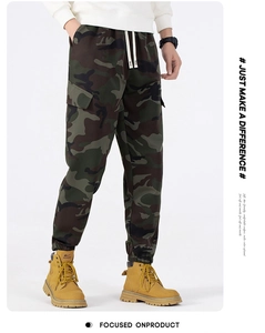 Detailed view of cargo side pocket and cuff on men's forest camouflage pants