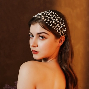 Handmade Bridal Artificial Pearl Mesh Hairband Elegant Crystal Grid Headpiece Exotic Wedding Party Ribbon Tie Headband Hair Jewelry