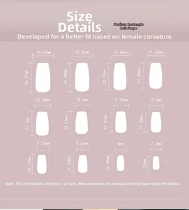 Size chart showing dimensions for medium square pink and white press-on nail set