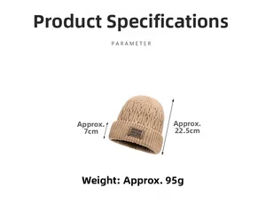 Specifications of khaki winter knit beanie with dimensions and weight measurements