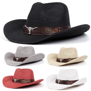 Mens summer linen panama fedora hat with bull head leather band in multiple colors