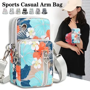 Mini Crossbody Cell Phone Bag Oxford Cloth Multi Zipper Heart Pull Tropical Floral Plaid Pattern Armband Women