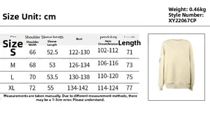 Guide des tailles pour sweat à col rond oversize avec mesures détaillées du S au XL