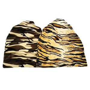 Fleece neck gaiter and beanie set featuring brown camouflage and yellow tiger patterns