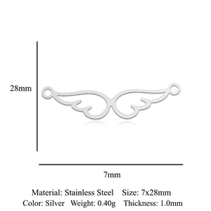 Detail view of angel wing stainless steel pendant showing 7x28mm dimensions and specs