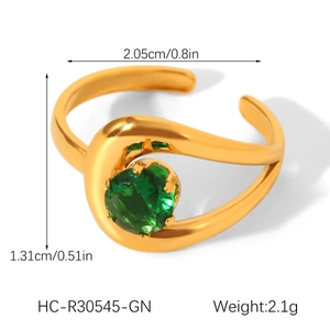 Detailed size specifications for gold stainless steel ring with green zircon inlay