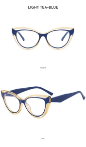 Detailed front and side views of TR90 cat-eye blue light blocking frames in tea and blue