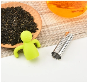 Creative tea infuser with green silicone handle and stainless steel mesh filter detail