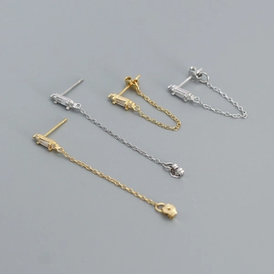 925 Sterling Silver Earring Post Stud Earrings Rectangle Zircon Chain Tassel Dangle Drop Women High End Niche Jewelry