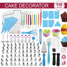 Macro shot of 110-piece cake decorating set including stainless steel nozzles and bags