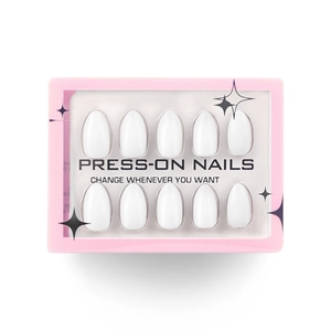 Short almond press-on nails in solid white finish with elegant pink retail packaging