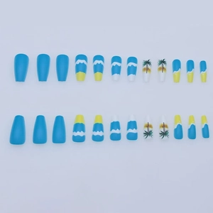 Summer beach style coffin fake nails with blue waves and palm tree silhouette design