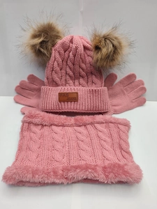 Detailed set of knit beanie with double pompoms, fleece-lined neck gaiter and gloves