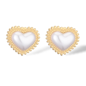 Elegant 18K gold plated heart stud earrings with white pearl-like inlay on white background