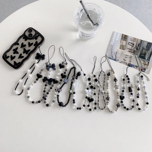 Beaded Phone Lanyard Strap Ins Style Black White Acrylic Artificial Pearl Heart Bowknot Charm Hand Wrist Strap For Women
