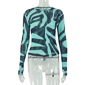 Close-up of zebra print mesh top featuring a round neck and sheer green fabric texture
