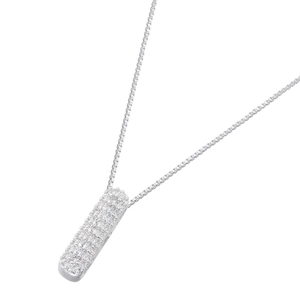 Macro shot of silver-tone box chain and rectangular bar pendant with pave-set zircons