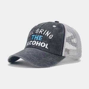 Vintage grey mesh ponytail trucker hat with I'll Bring The Alcohol embroidery