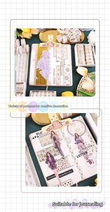Close-up of gold foiled floral washi tape and stickers applied on a creative journal