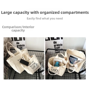 Detailed interior of off-white canvas tote bag showing organized multi-pocket compartments