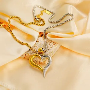 Heart Pendant Necklace Asymmetric Two-Tone Stainless Steel 18K Gold Plated Box Chain Fashion Jewelry Unisex