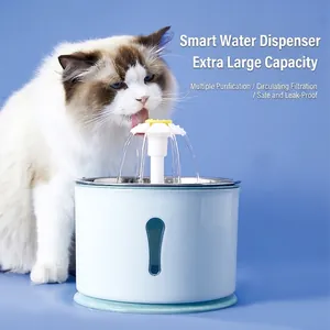 Smart white pet water fountain with stainless steel tray and a yellow daisy flower nozzle
