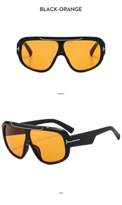 Front and side views of oversize black sunglasses with orange lenses and T-metal hinge